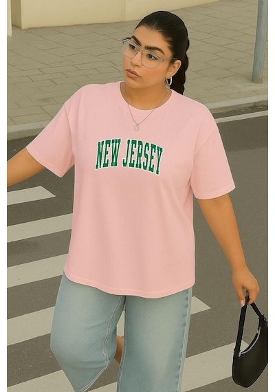 Büyük Beden New Jersey Baskılı Unisex Tişört Pembe