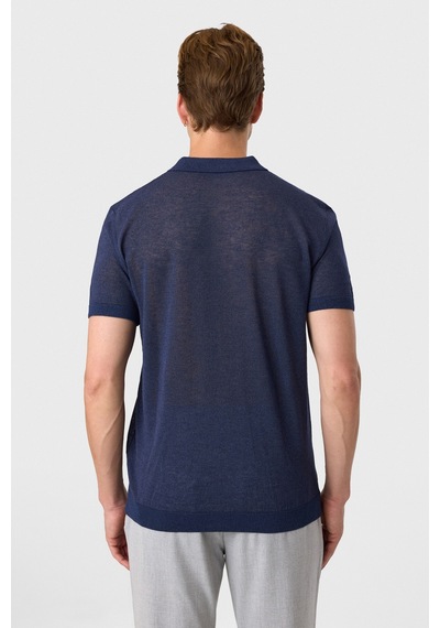Back And Bond Regular Fit Lacivert Düğmeli Yaka Keten Karışımlı Triko