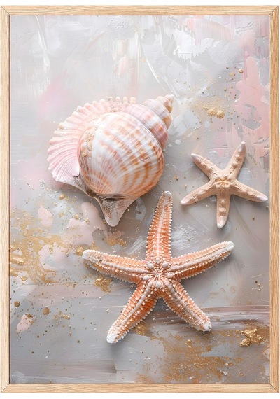 Zestia Ahşap Çerçeveli Tablo, Deniz Kabukları Ve Yıldız, Banyo Dekoru Poster No: 112014 30 X 40