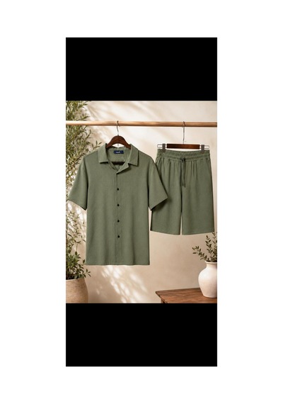Mcz Yeşil Renk Bürümcük Kumaş Slim Fit Erkek Şort - Gömlek Alt Üst Takım
