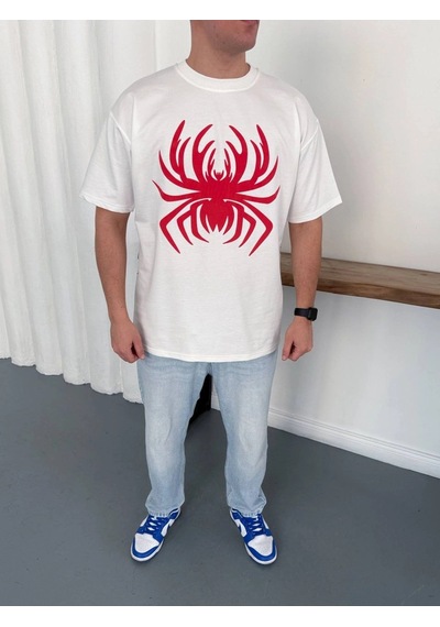 Erkek Örümcek Baskılı Tişört Kısa Kollu Bisiklet Yaka T-shirt - Beyaz Çok Renkli