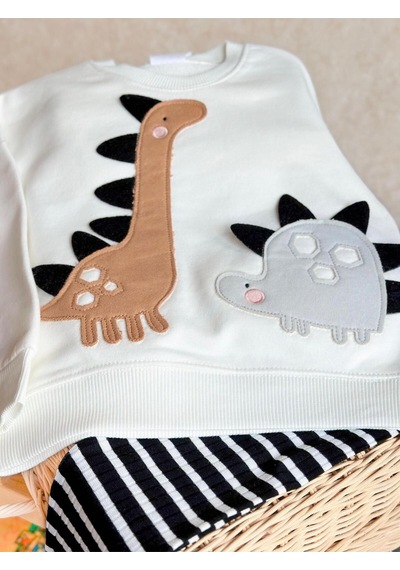 Lolliboomkids Kız Çocuk 3d Boyutlu Dikenli Dinozor Nakışlı Desenli Kışlık Pamuklu Sweatshirt Tayt Alt-üst Takım Gri Ekru Gri - Ekru