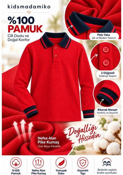 Kidsmadamiko Kız Çocuk Uzun Kollu Polo Yaka %100 Pamuk Pike Okul Tişörtü Kırmızı