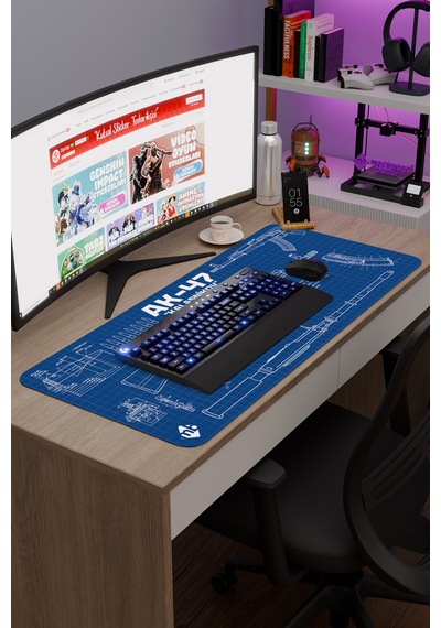 Ak 47 Siyah Kalaşnikov Cs Dikişli Kauçuk Oyuncu Mousepad - 90x40 Gaming Mouse Pad Ak-47 Mavi