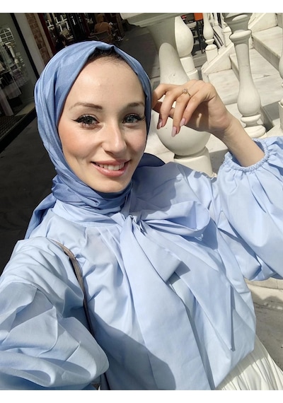 Hasenna G0019 Balon Kol Yakası Baglamalı Bluz Buz Mavisi