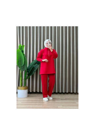 Maşuka Scuba Kumaş Tunik Pantolon Takım Kırmızı Kırmızı