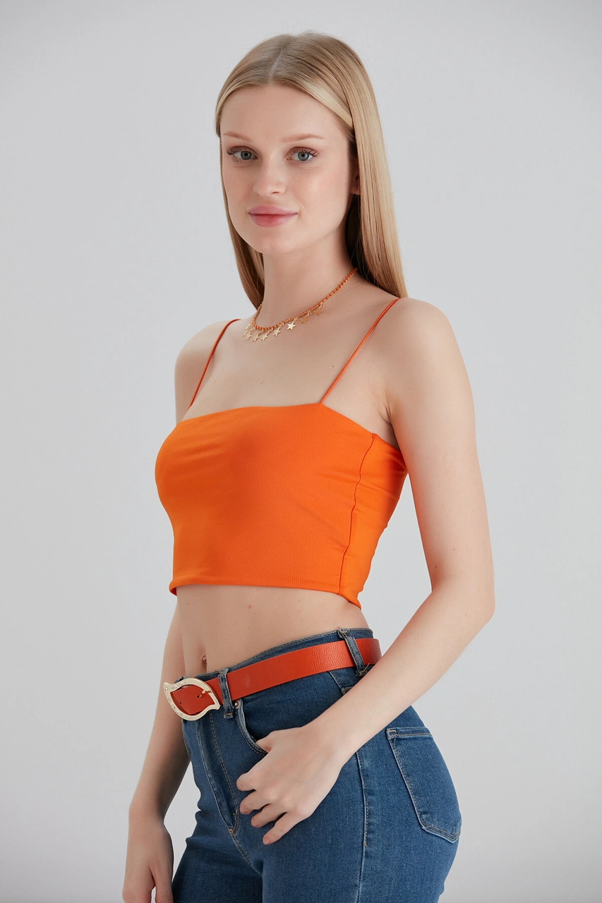 Mamayaga Kadın Askılı Şık Croptop Bluz Turuncu