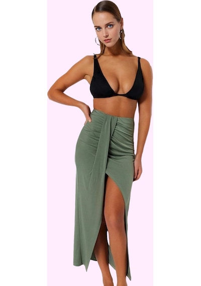 Ersefa Kadın Sandy Dokuma Plaj Eteği Maxi Boy Sarong Stil Rahat Yazlık Y Haki