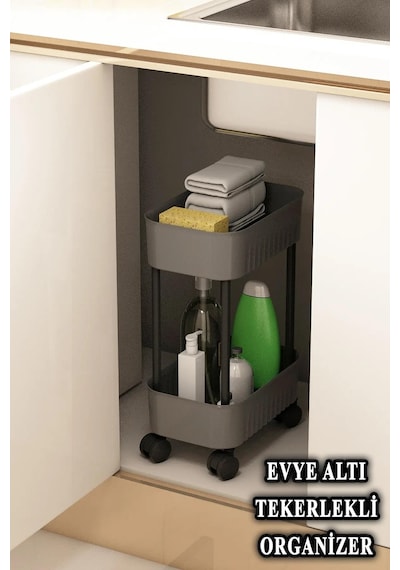 Çok Amaçlı 2 Katlı Banyo Dolabı, Evye Altı Düzenleyici Dolap Içi Tezgah Altı Tekerlekli Organizer - Gri