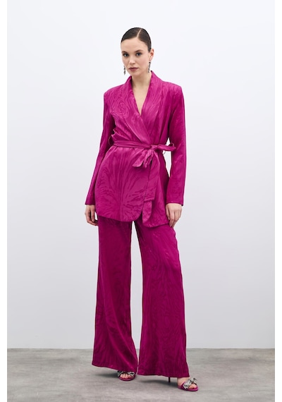 Sateen Yüksek Bel Desenli Pantolon - Fuşya-135703 Fuşya