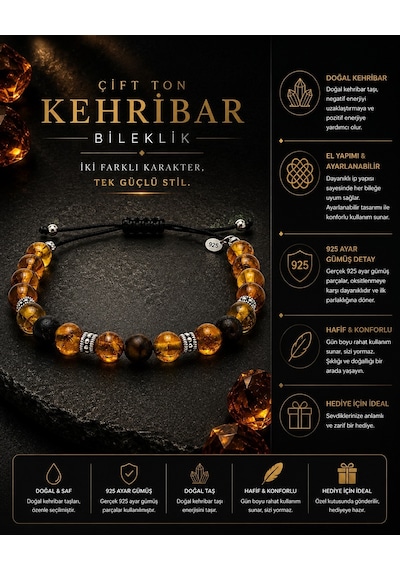 Mat ve Bal Kehribar Doğal Taşlı 8mm 925 Ayar Gümüş Süslemeli Makrome İpli Erkek Bileklik – Hediye Kutulu
