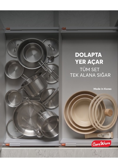 Ceraware Hona Made in Korea Seramik Yapışmaz Tencere Tava Seti 9 Parça Tak Çıkar Saplı İç İçe Geçebilen Set