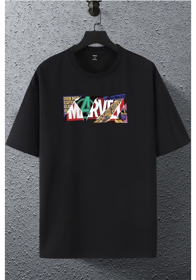 Unisex Kadın Erkek Marvel Avengers Logo Karakter Baskılı Oversize T-shirt Siyah Mck2062 Siyah