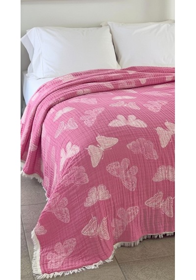 Kelebek Desen 4 Katlı Müslin Pike Yatak Örtüsü Battal Boy 240x260 Cm Pembe
