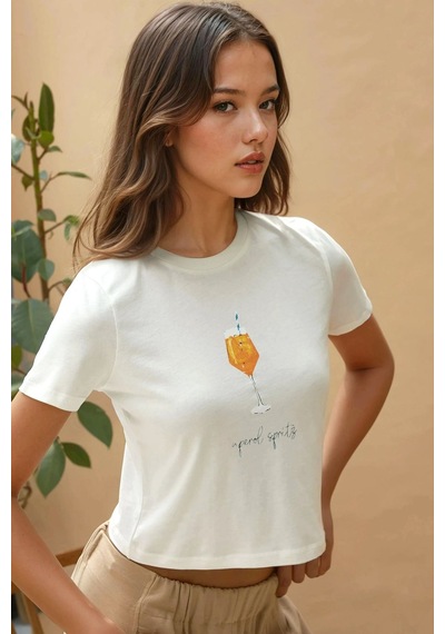 Hiccup Baskı Detaylı Regular Fit Bisiklet Yakalı %100 Pamuklu Crop T-shirt Beyaz