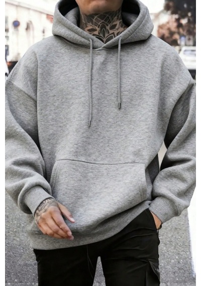 Tarz Cool Regular Kapüşonlu Sweatshirt Erkek Unisex 3 İplik Şardonlu %100 Pamuk Basic Hoodie Gri