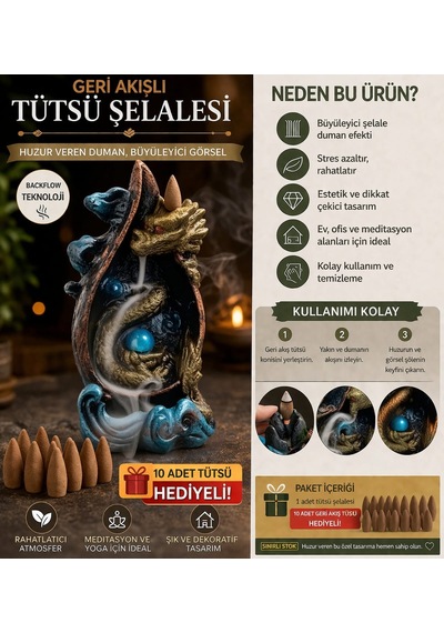 Lüks Altın Ejderha Tasarımlı Şelale Tütsülük – Geri Akışlı Duman Efekti + 10 Adet Tütsü Hediyeli