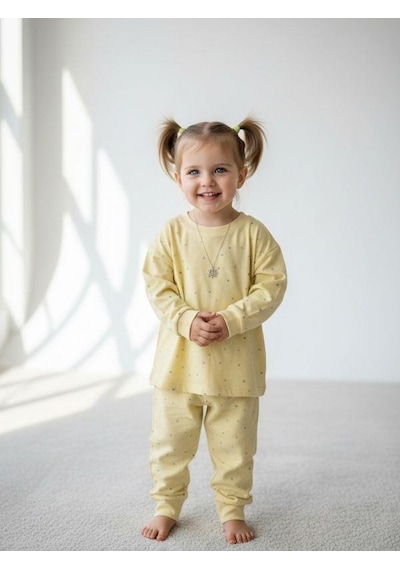 Kız Çocuk Çiçek Desenli Pamuklu Yumuşak Dokulu Pijama Takımı-16842 Sarı