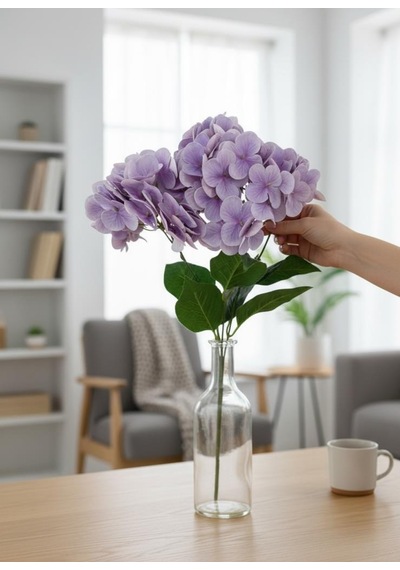 Yapay Çiçek Islak Ortanca Çiçeği Lila 45cm 5dal Islak Gerçeksi Dokulu Lila