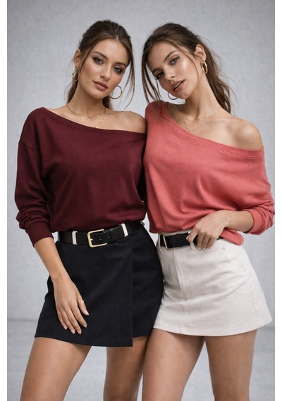 Rich Kadın 2'li Paket Pembe - Bordo Düşük Omuz Modal Bluz Pembe-bordo