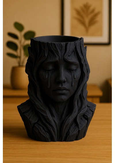 3d Baskı Ağlayan Kadın Büst Saksı - Sanatsal Dekoratif Saksı - Siyah Çok Renkli