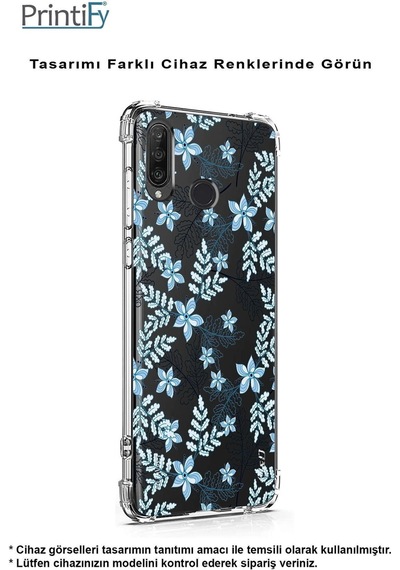 Vivo Y16 Uyumlu Köşe Korumalı Floral Mavi Tasarımlı Şeffaf Silikon Kılıf
