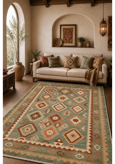 Etnik Kilim Desenli Yeşil Halı, Bohem Salon Ve Oturma Odası Halısı 3055