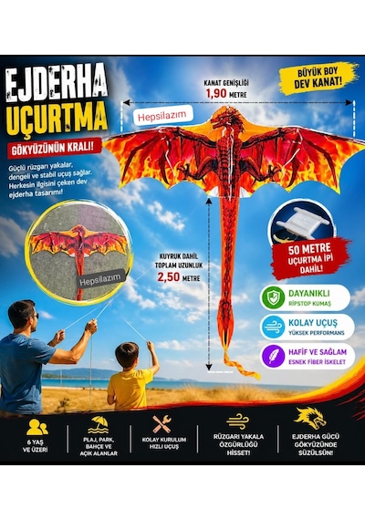 Dragon Oyuncak Uçurtma Büyük Ejderha Alev Desenli 1.55x1.82cm Kolay Uçan