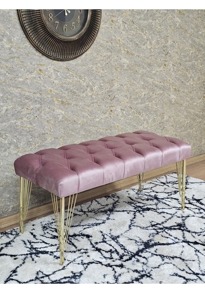 Zafir Gold Tel Ayaklı 90 Cm Puf Bench - Puf - Bench - Kasalı Oturak - Oturak - Yatak Ucu Puf Pembe