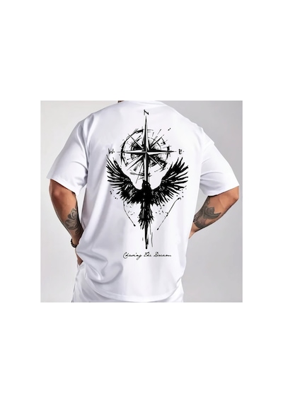 Caddemia Yaz Moda Rahat Gevşek Büyük Pusula Haritası Kuş Desen Baskılı Yuvarlak Yak Beyaz 2XL Caddemia Yaz Moda Rahat Gevşek Büyük Pusula Haritası Kuş Desen Baskılı Yuvarlak Yak Beyaz 2XL