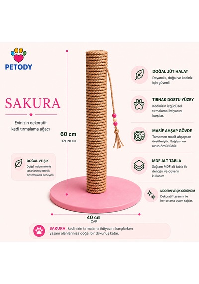 Petody Sakura Doğal Ahşap 60 Cm Jüt Kedi Tırmalama Direği
