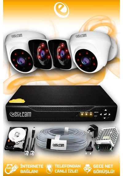 Elitcam 4 Kameralı Kare 2 İç Kamera Set 1 TB HDD Full HD Gece Görüşlü Güvenlik Kamerası Sistemi