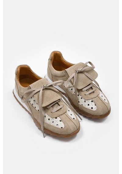 Minova Bej Hakiki Deri Kadın Sneaker Bej