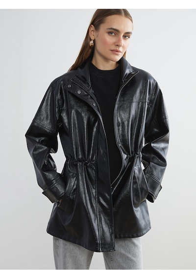 Lcwaıkıkı Classic Siyah Dik Yaka Oversize Kadın Deri Görünümlü Ceket