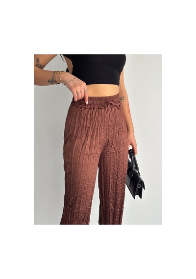 Gugus Kadın Saten Pantolon Trend Wide Leg Model Kahverengi