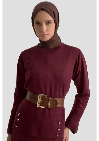 Armine Trend Düğme Detaylı Etekli Triko İkili Takım Bordo 25ktd6107