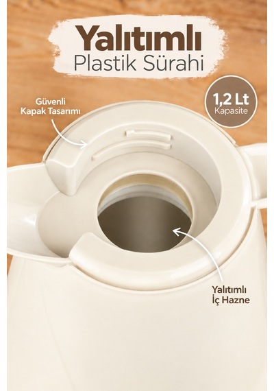 Herevin 161714-590 Plastik Termos Çay Termosu Su Termosu Sürahi 1,2 Litre Krem