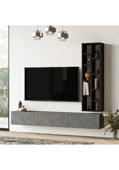 Arya 175cm Tv Ünitesi Kitaplık Beton-siyah Ary9-rl Gri - Siyah