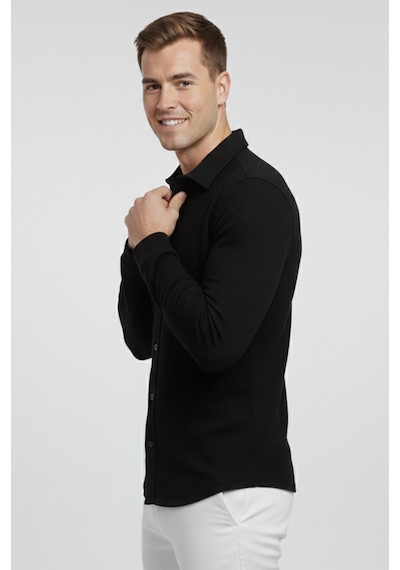 Deepsea Siyah Slim Fit Örme Kumaş Likralı Erkek Gömlek Nefes Alan Esnek Ve Modern Tasarım 2602604 Siyah