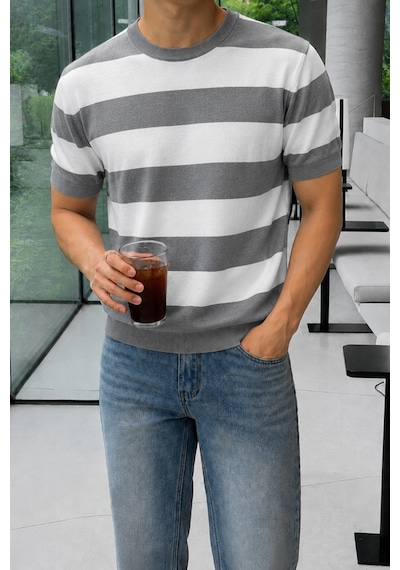 Tarz Cool Erkek Çizgili Triko Tişört Bisiklet Yaka Slim Fit Yazlık İnce Dokulu Gri