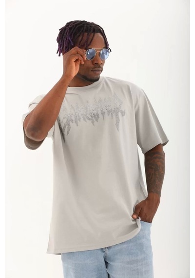 Unisex Oversize Taşlı Bisiklet Yaka T-shirt - Gri Gri