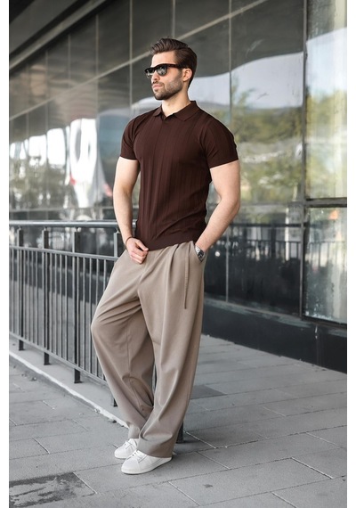 Madmext Kahverengi Slim Fit Polo Yaka Triko Erkek Tişört E7491