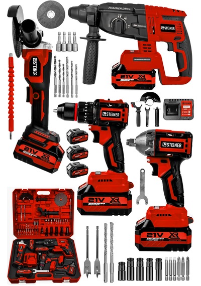 Steiner 21v Darbeli Kömürsüz Kırıcı Delici Hilti & Taşlama & Matkap & Somun Sıkma Sökme 4'lü Set Kırmızı