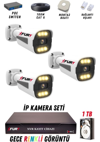 Fury 3 Kameralı Ip Güvenlik Kamerası Seti 4mp Gece Renkli Su Geçirmez 1506 1tb