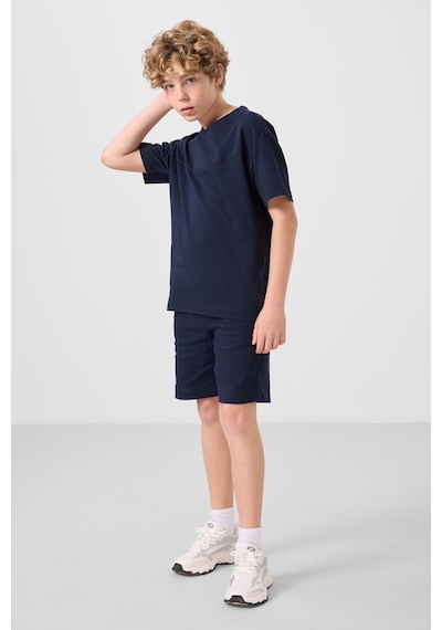 Lacivert Pamuklu Oversize Fit Dokuma Hafif Esnek Chino Erkek Çocuk Şort Takım - 11279 Lacivert