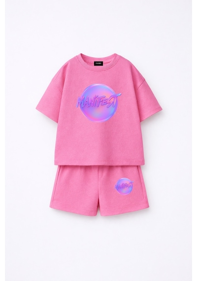 Fasardi Manifest Girls Logo Baskılı Oversize %100 Pamuk Tişört Şort 2li Çocuk Takım Pembe