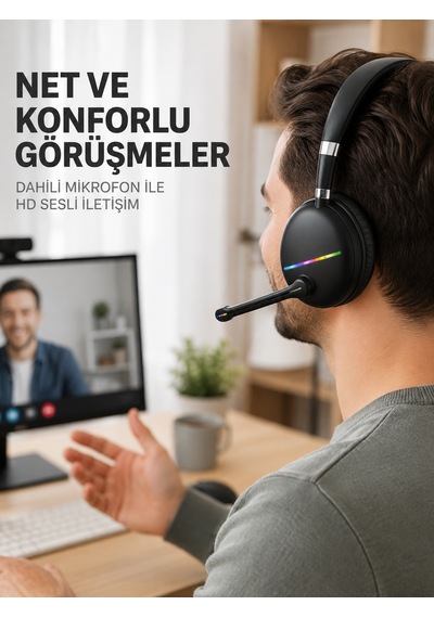 Bluetooth 5.0 Kablosuz Kulak Üstü Kulaklık Mikrofonlu Rgb Aydınlatmalı - Lisinya Mat Siyah