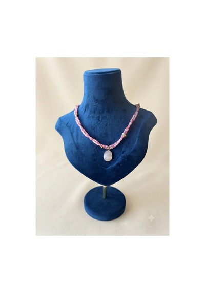 Pembe Kuvars Doğal Taş Kolye Çift Sıra Sarmal Tasarım 4 Mm Taş 53 Cm Pembe Pembe