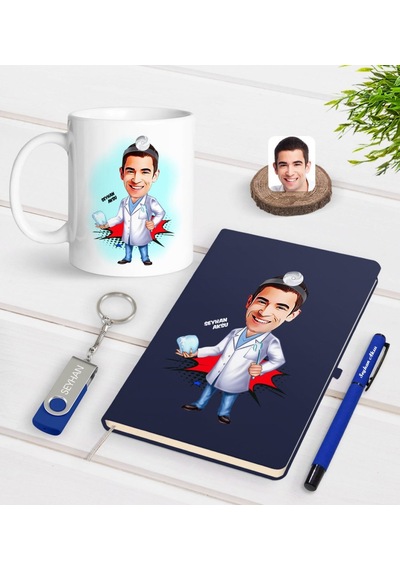 Kişiye Özel Erkek Diş Hekimi Karikatürlü Lacivert Defter Kalem Ku N11.1683