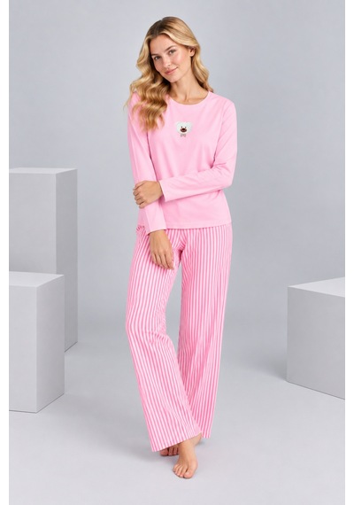 Pijamask Kadın Pembe Ayıcık Detaylı Çizgili Bol Paça Pamuklu Pijama Takımı Pudra